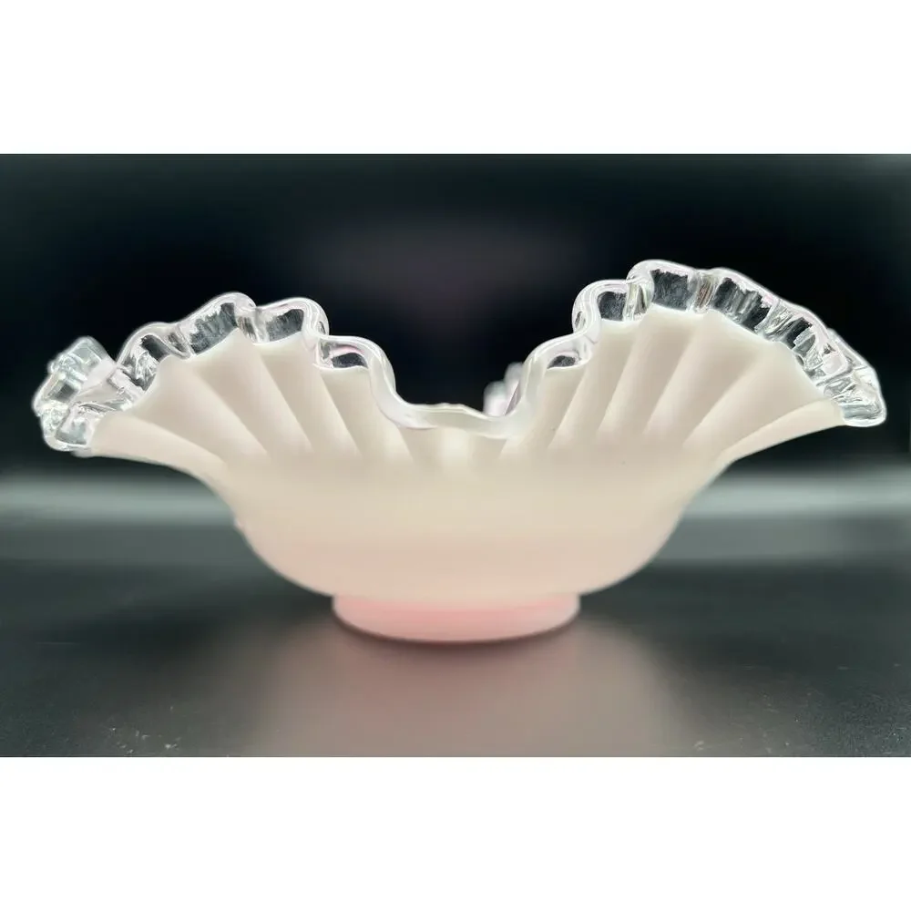 Fenton Silver Crest White w Pink Cased Glass Bride’s Basket Bowl 10.5” Vintage